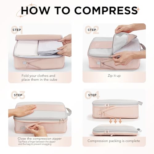 Image of OlarHike 4 Set Compression Packing Cubes for Travel Essentials,Compressible Expandable Space Saver Bags for Organizing Clothes,Luggage Suitcase Garment Bags with Over 1000 pcs Mesh Holes(Beige)