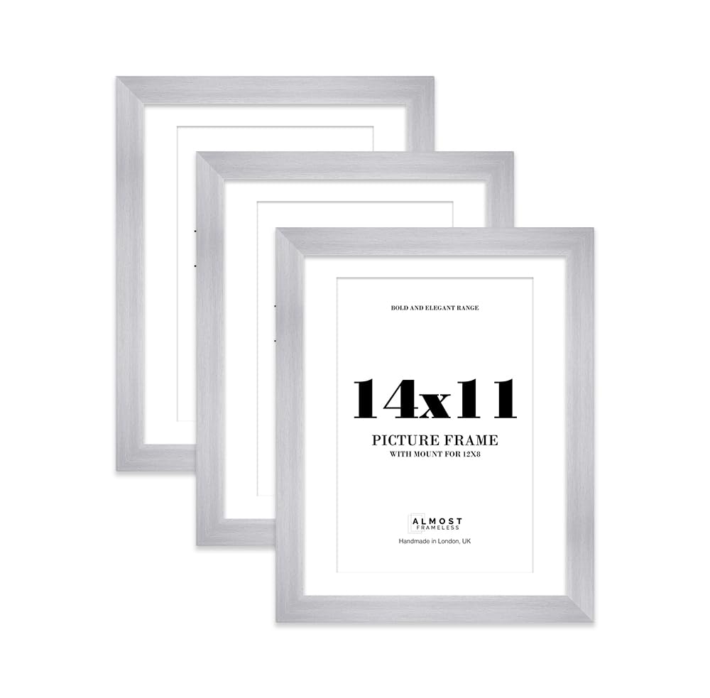14x11" Silver Frame With Mount for 12x8" Pictures 28mm Edge Portrait and Landscape Display with Wall Hooks and Kickstand, 3 Pack