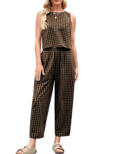 Womens Cotton Checker Set 2 Piece Beach Vacation Outfit Summer Tank Top Pants Suit