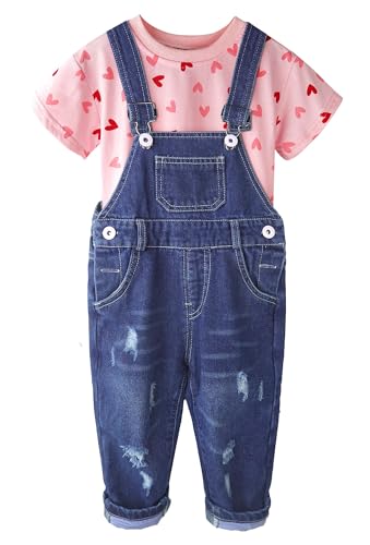CHUMHEY Little Girls 2 Pieces Outfits, Love Heart Printed Cotton Crewneck Summer T-Shirt Denim Overalls, Pink&Blue, 4T