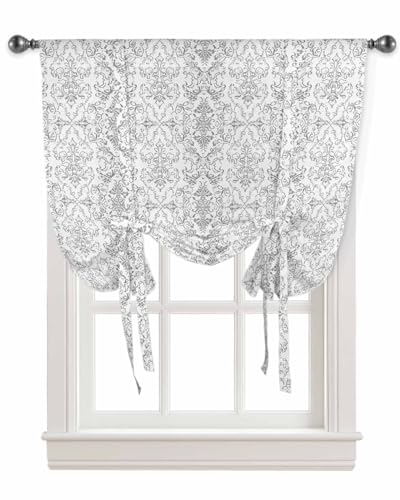 ARTSHOWING Tie Up Curtains for Windows 54 Inch Length Balloon Curtains Kitchen Adjustable Roll Up Curtain Shade Boho Neutral Vintage Floral Texture Gray Tie Up Valance Bathroom Curtain Window 42
