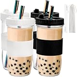 Youeon 4 Pack 24 Oz Reusable Boba Cups with Lids and Straw, Iced Coffee & Smoothie Cups, Bubble Tea & Mason Jar Style with Silicone Sleeve, BPA Free, Dishwasher Safe, 2 Colors