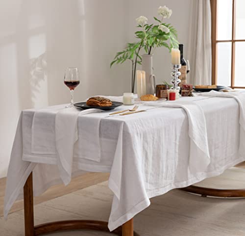 Everly Linen Hemstitch Table Cloth, 100% Stonewashed French Linen Table Cloths For 6-Foot Rectangle Tables, Washable Thanksgiving Tablecloths, Decorative Halloween Table Cloth(White, 60 * 84”) #TOP2