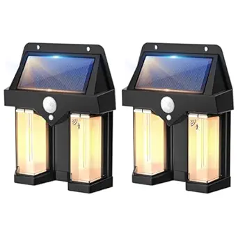 HOPz Solar Wall Lights Wireless Solar Outdoor Lights with 3 Modes Solar Porch Lights for Yard, Patio, Driveway, Garden, Fence Lamp (2 Flam Solar Wall Light, Pack of 2)