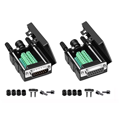 Harissess 2STÜCKE DB15 Lötfrei Seriell auf 15-Pin-Port Anschlussblock Stecker/Buchse Breakout-Board Steckverbinder mit Case Lange Bolzen Nüsse (Stecker+Buchse) Cover