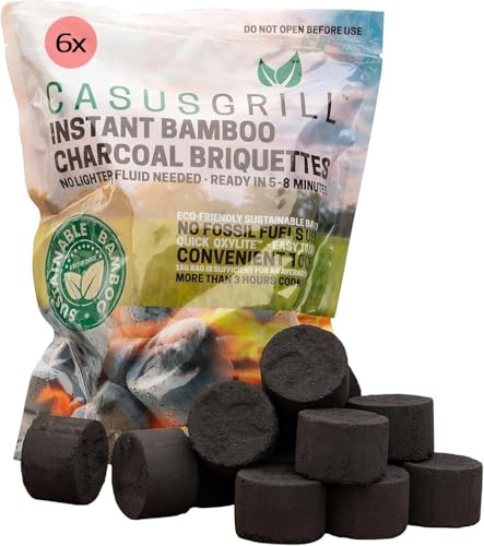 6X Bambus Grillkohle-Briketts je 1 kg - Nachhaltige Holzkohle mit Quick Oxylite, ohne Anzünder nutzbar, grillbereit in 5-8 Min., geruchsneutral, 3 Std. Brenndauer, umweltschonend