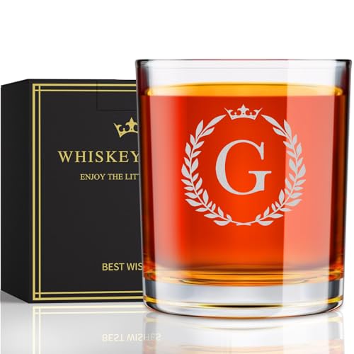 Personalized Whiskey Glasses Gifts for Men, Monogrammed Engraved A-Z 10.6 oz Rocks Glass Customized Gift, Unique Christmas Birthday Gifts for Men Him Dad Husband Brother Son (G)