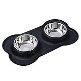 Plato para Perro 2 Tazones Desmontables de Acero Inoxidable, Tapete Silicon en Forma de Hueso, Sin BPA, con Bordes...