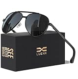 LUENX Aviator Sunglasses for Men Polarized Driving Sun Glasses，UV400 Protection 60mm Black Lens Black Frame