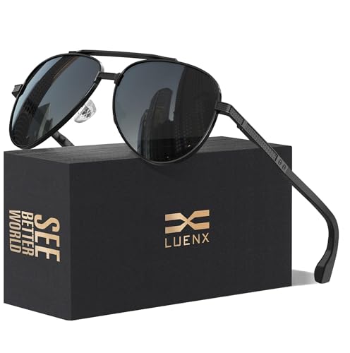 LUENX Aviator Sunglasses for Men Polarized Driving Sun Glasses，UV400 Protection 60mm Black Lens Black Frame