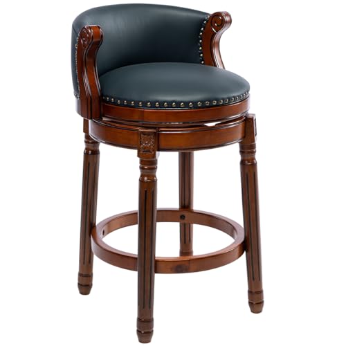 HaoChrymec Taburete de Bar de Cuero Vacuno y Madera con Giratorio 360° y Respaldo, Altura Ajustable, Silla de Cocina y Barra, para Hogar y Restaurante, Marrón, 54.8x54.8x96cm