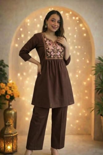 Image of Women's Rayon Embroidered Kurti with Pant Set | Floral Yoke Design | 3 /4 Sleeve Ethnic Co-Ord Set | Regular Fit Traditional Outfit