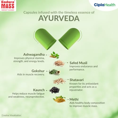 Image of Endura Mass Weight Gain Capsules 50 Capsules|Ayurvedic Weight Gainer For Improving Muscle Mass & Enhancing Strength|Made With AshwagAndha,Safed Musli,Shatavari|100% Natural For Men & Women|Pack Of 1