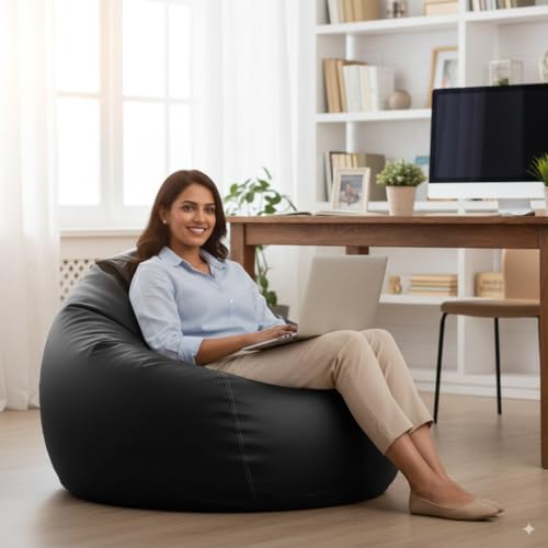 Image of 4XL Premium Faux Leather Bean Bag Cover Tear Drop Shape with Handle (Without Beans) Large Bean Bag Sofa Chair Cover for Adults & Kids Comfortable Seating for Living Room & Bedroom