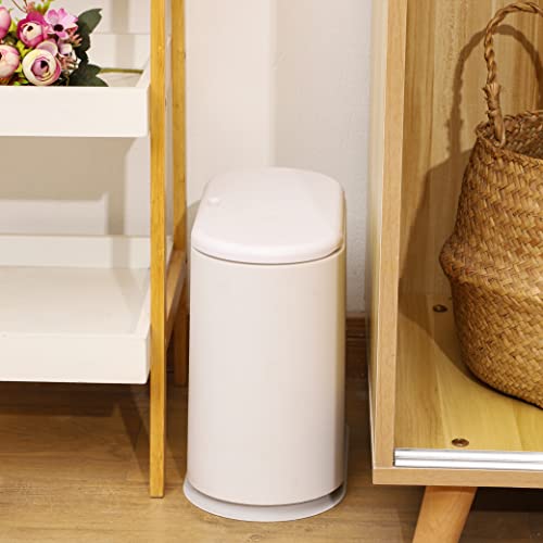 Image of 12L White Slim Bathroom Trash Can with Press Top Lid,3.17 Gallon Pet /Dog Proof Kitchen Trash Can,Thin Garbage Can,Covered Wastebasket,Narrow Small Plastic Trashcan for Craft Room,Bedroom,Office,Dorm