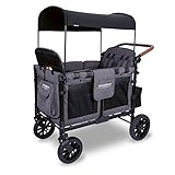 WONDERFOLD W4 Luxe Multi-Function 4 Passenger Folding Stroller Wagon - Adjustable Canopy, Reclining Seats with Magnetic Buckles, and a Vegan Leather Covered Handle Bar (Charcoal Gray - Black Frame)