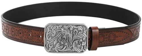 Western-Leather Belts for Women Classic Cowboy Cowgirl Embossed Belt with Floral Vintage Buckle for Jeans Pants2