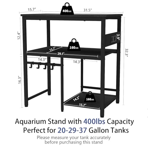 TFK 20-29-37 Gallon Fish Tank Stand, 3-Tier Aquarium Stand with Power Outlet Reptile Tank Stand Heavy Duty Terrarium Stand for Home Office, Black
