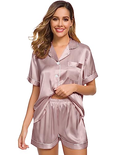 Image of SWOMOG Women Silk Satin Pajamas Set Short Sleeve Button Down Sleepwear Loungewear Pj Sets