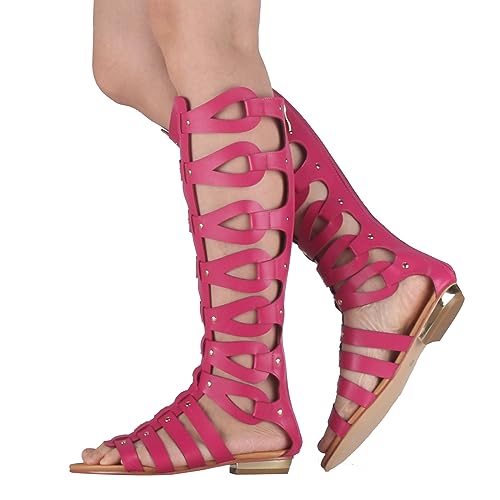Image of Hanfike Knee High Sandals for Women Gladiator Cut Out Summer Roman Boots