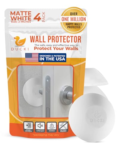 Image of Ducki Wall Protectors 4 Pack Matte White Self Adhesive Reusable Solution to Stop Wall Damage and Noise from Doors, Refrigerators and More in Your Home or Office, Durable, Shock Absorbing and