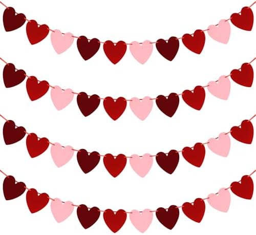 40 Felt Hearts Valentines Decor, 4PCS Valentines Love Garland, Red Pink Burgundy Love Banner, Pre-Assembled Valentine Banner Adjustable Heart Home Decor Bedroom Wall Window Fireplace
