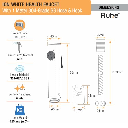 Image of Ruhe Ion White Health Faucet Set for Bathroom /Handheld Jet Spray for Toilet | ABS Hand Spray Gun with 304-Grade Stainless Steel Flexible Shower Tube 1 Meter and Wall Hook /Holder