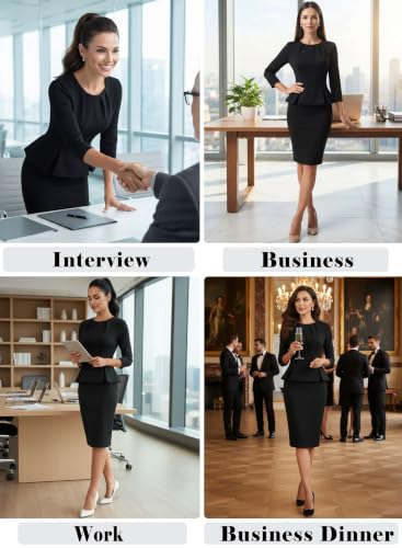 Image of VFSHOW Womens Pleated Crew Neck Peplum Slim Work Business Bodycon Dress | 3 /4 Sleeves, Professional Elegant Church, Funeral, Spring Fall, Fitted Office Pencil Sheath Dress