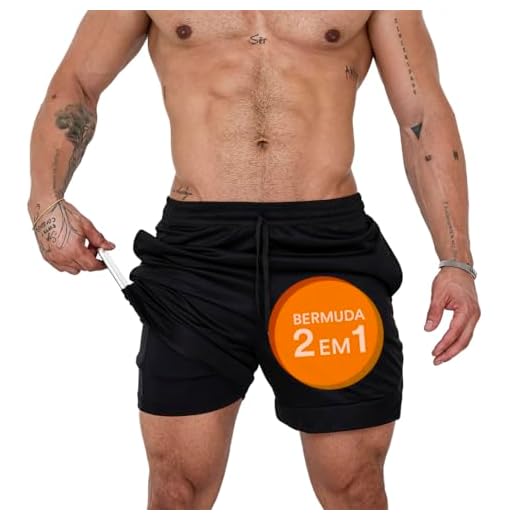 Shorts Duplo Masculino 2 em 1 Bermuda Dry Fit Treino Calção com Bolso Celular Academia Fitness Musculação Preto CLICK MAGAZINE (P)