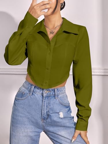Image of GRECIILOOKS Women`s Oversized Fit Crop Top Shirt | Casual Long Sleev Stylish Collared Shirts for Womens | Comfortable Rich Korean Button Down | Formal Look Stylish Trendy Shirts