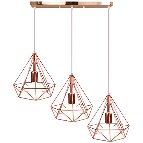 iDEGU 3 Luces Lámpara de techo moderna, E27 Lámpara Colgante de Metal jaula vintage en forma de diamante oro rosa decoración de iluminación para dormitorio, cocina, salón (Φ25 cm, 50CM Base) Cover
