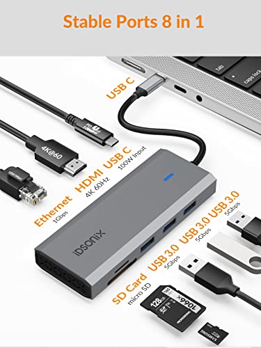 Laptop Docking Station, iDsonix 8 in 1 USB C Docking Station with HDMI 4K@60Hz, PD 100W, Gigabit Ethernet, 3 USB Ports, SD/TF - Image 2
