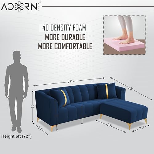 Image of Adorn India Premium Mystic - 3 Years Warranty - L Shape 4 Seater Sofa Set Velvet Suede Fabric - Blue