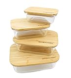 Bambooware Glass Containers with Lids | Non Plastic Glassware Set - Natural Raw Organic Wooden Bambo