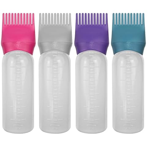 ELANE 4PCS Hair Oiler Comb Bottle,Root Comb Applicator Bottle for Hair Oil Scalp Oil Applicator Hair Oiling Applicator,Hair Oil Bottle Applicator 6oz (Grey+Purple+Red+Green) Cover