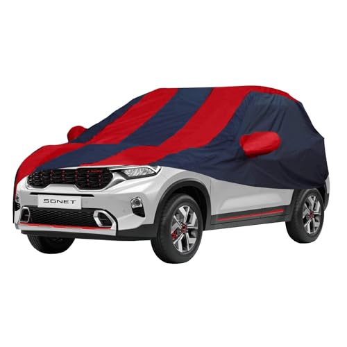 Image of Allextreme KSG5004 Car Body Cover Compatible with Kia Sonet Custom Fit Dustproof UV Heat Resistant Indoor Outdoor Body Protection (Navy Blue & Red with Mirror)