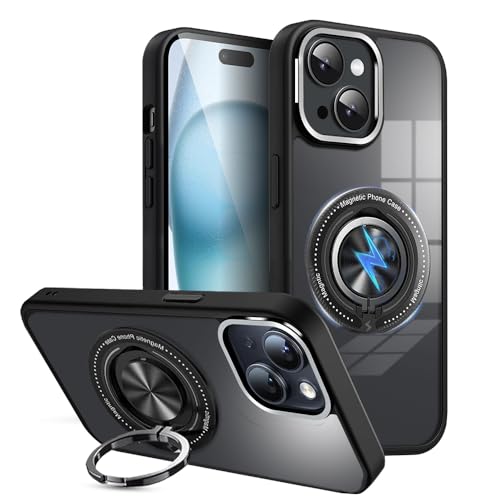 Image of KARWAN️360 Degree Stand with Mag-Safe Case with N52 Strong Magnets Mag-Safe Phone case Cover for iPhone 15 || Mobile Back Cover for iPhone 15 || Black