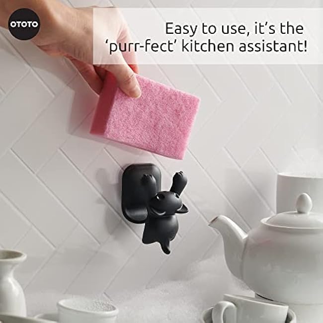 OTOTO Scrubby Cute Cat Sponge Holder for Kitchen Sink - Dishwasher Safe Dish Organizer- Compact, Cute Kitchen Accessories, Dish Sponge, White Elephant Gifts