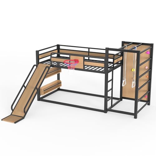 Image of Bellemave Bunk Bed Twin Over Twin with Slide, Basketball Hoop & Climbing Wall, Heavy Duty Metal Twin Bunk Beds for Kids with Guardrails, Low Bunk Bed for Bedrooms, No Box Spring Needed, Yellow