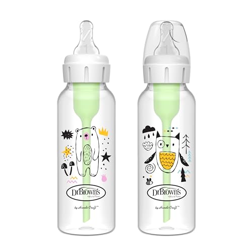 Image of Dr. Brown's Natural Flow Anti-Colic Options+ Narrow Baby Bottle, Bear & Owl, 8 oz/250 mL, with Level 1 Slow Flow Nipple, BPA Free, 0m+, 2-Pack