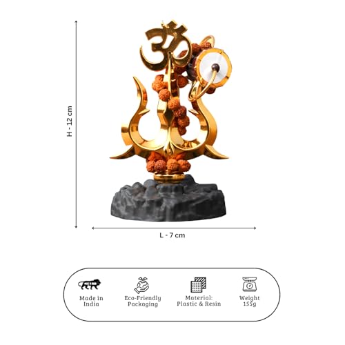 Image of Gold Finish Om Trishul with Damroo & Rudraksha Mala - Divine Lord Shiva Idol for Home, Office & Car Dashboard