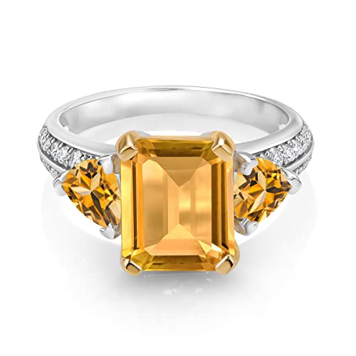 Gem Stone King 925 Sterling Silver and 10k Yellow Gold Yellow Citrine 3 Stone Engagement Ring For Women (3.91 Cttw, Emerald Cut Cut 10X8MM, Available In Size 5, 6, 7, 8, 9)2
