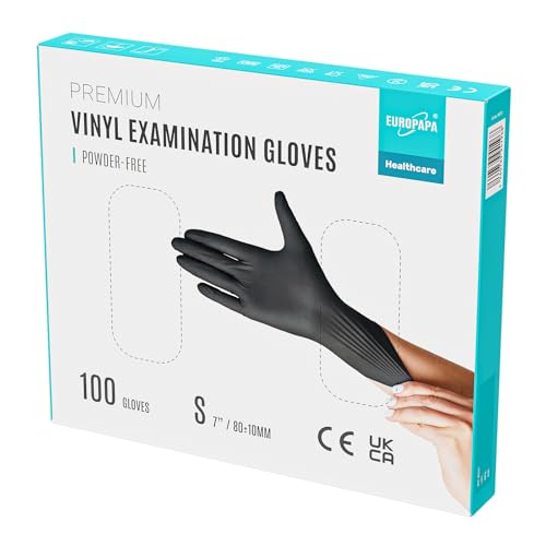 EUROPAPA® - Lot de 100 gants jetables en vinyle sans latex et non poudrés - Taille S, M, L et XL (Noir, S)