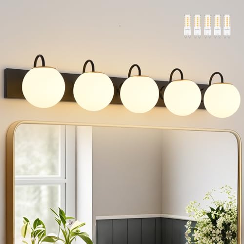 Image of Vintage Matte Black Bathroom Vanity Light Fixtures Over Mirror 5 Lights