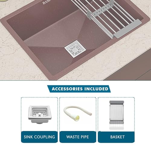 Image of BASINQU Quartz Kitchen Sink 24 x 18 x 9 Inch Granite Kitchen Sink Single Bowl Brown Quartz Sink for Kitchen Basin Sound Dampening Scratch Resistant UV-Protected Noise Reducing sinks