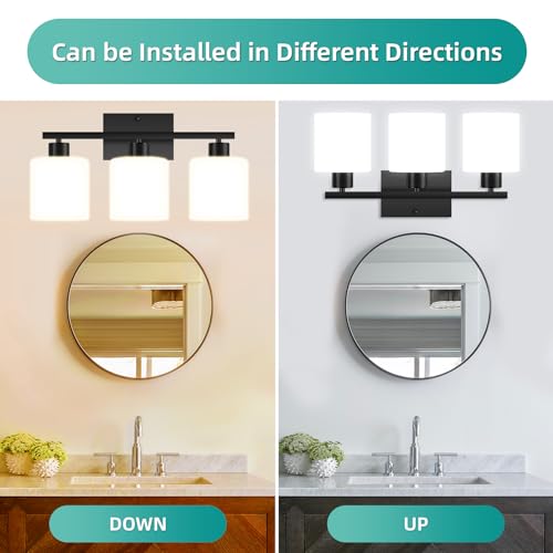 Image of CANMEIJIA 3-Light Bathroom Vanity Light Fixtures, Matte Black Vanity Wall Scones Lighting for Bedroom Living Room, Modern Vanity Lights with Milky White Glass Shades, E26 Socket, Bulbs Not Included