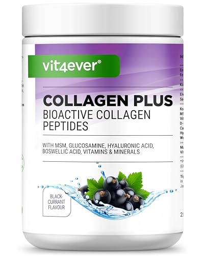 Colágeno Plus - 500 g polvo con MSM, glucosamina HCL, ácido hialurónico, extracto de incienso - 100% péptidos hidrolizados de colágeno bioactivo - colágeno tipo 1, 2 y 3 - sabor grosella negra