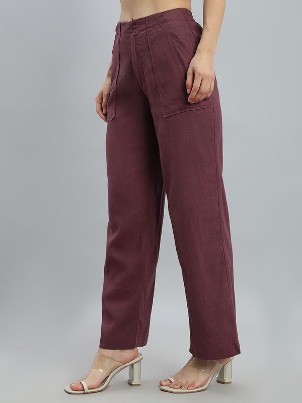 Image of GO COLORS Solid Linen Cargo Pants for Women | Full Length, Mid Rise, Side Pockets