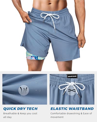 Image of SURF CUZ Mens Swim Trunks with Compression Liner Swim Shorts 7 inch Swimming Trunks Stretch 7 Inch Swim Suits Quick Dry