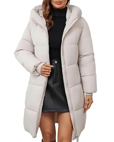 ceauros Women's Hooded Long Puffer Coat Winter Warm Full Zip Lightweight Quilted Jacket with Pockets(Beige,M)
